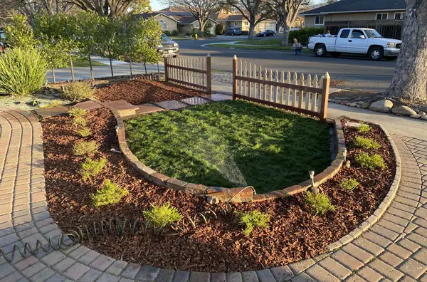 Round lawn framed by a brick paver border and new planting